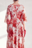 Red A-Line Bateau Neck Chiffon Floral Long Mother Of the Bride Dress with 3/4 Sleeves