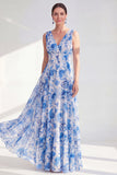 A-Line Blue V-Neck Floral Chiffon Long Mother Of the Bride Dress