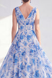 A-Line Blue V-Neck Floral Chiffon Long Mother Of the Bride Dress