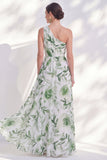 One Shoulder Green A-Line Floral Chiffon Long Mother Of the Bride Dress with Slit