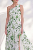 One Shoulder Green A-Line Floral Chiffon Long Mother Of the Bride Dress with Slit