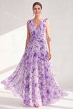A-Line Purple V-Neck Floral Chiffon Ruched Long Mother Of the Bride Dress