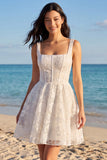 Ivory Floral A Line Corset Square Neck Graduation Dress