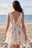A Line Ivoy Printed Floral V Neck Tiered Mini Dress