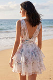 A Line Ivoy Printed Floral V Neck Tiered Mini Dress