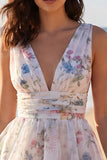 A Line Ivoy Printed Floral V Neck Tiered Mini Dress