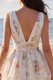 A Line Ivoy Printed Floral V Neck Tiered Mini Dress