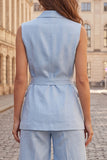 Light Blue 2 Piece Peak Lapel One Button Sleeveless Women Suits with Belt