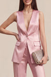Pink 2 Piece V-Neck One Button Sleeveless Slim Fit Women Suits