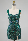 Sparkly Dark Green Bodycon Sequins Short Party Dress with Slit