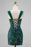 Sparkly Dark Green Bodycon Sequins Short Party Dress with Slit