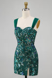 Sparkly Dark Green Bodycon Sequins Short Party Dress with Slit