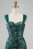 Sparkly Dark Green Bodycon Sequins Short Party Dress with Slit