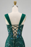 Sparkly Dark Green Bodycon Sequins Short Party Dress with Slit