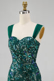 Sparkly Dark Green Bodycon Sequins Short Party Dress with Slit