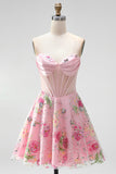 A-Line Pink Sweetheart Sheer Corset Sequins Floral Short Ball Dress