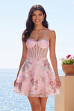 A-Line Pink Sweetheart Sheer Corset Sequins Floral Short Ball Dress