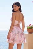 A-Line Pink Sweetheart Sheer Corset Sequins Floral Short Ball Dress