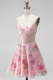 A-Line Pink Sweetheart Sheer Corset Sequins Floral Short Ball Dress