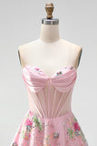 A-Line Pink Sweetheart Sheer Corset Sequins Floral Short Ball Dress