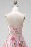 A-Line Pink Sweetheart Sheer Corset Sequins Floral Short Ball Dress