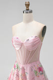 A-Line Pink Sweetheart Sheer Corset Sequins Floral Short Ball Dress