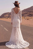 Lace Ivory Mermaid Long Sleeve Sweep Train Boho Wedding Dress