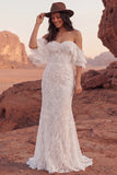 Off The Shoulder Ivory Lace Mermaid Boho Wedding Dress
