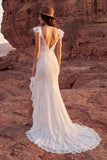 Ivory Lace Mermaid Ruffled Boho Wedding Dress with Slit