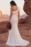 One Shoulder Lace Ivory Mermaid Ruffled Boho Wedding Dress