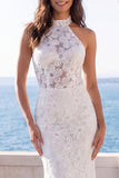 Halter Ivory Mermaid Floral Sweep Train Wedding Dress