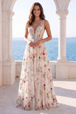 Ivory Floral A Line V Neck Wedding Dress