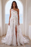 One Shoulder Ivory Printed Floral Mermaid Wedding Dress with Slit