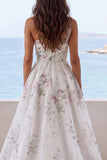 Off the Shoulder Ivory Floral A Line Ruffled Wedding Dress