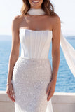 Ivory Strapless Sequin Mermaid Corset Wedding Dress with Scarf