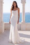 Ivory Sequin Pearls Mermaid Spaghetti Straps Wedding Dress