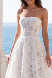 Strapless Floral Lace A Line Wedding Dress