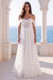 Off the Shoulder Ivory Embroidered FLoral Corset A Line Wedding Dress