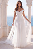 Off the Shoulder Ivory Ruched Long Wedding Dress with Sash