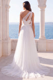 One Shoulder Ivory A Line Cut Out Wedding Dress with Slit