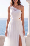 One Shoulder Ivory A Line Cut Out Wedding Dress with Slit