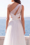 One Shoulder Ivory A Line Cut Out Wedding Dress with Slit