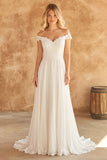 Off The Shoulder Ivory Lace A Line Chiffon Wedding Dress