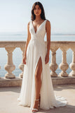 Ivory V-Neck A Line Ruched Chiffon Wedding Dress with Slit