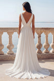 Ivory V-Neck A Line Ruched Chiffon Wedding Dress with Slit