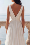 Ivory V-Neck A Line Ruched Chiffon Wedding Dress with Slit