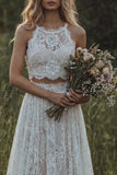 Lace Ivory Ruffled A Line 2-piece Boho Wedding Dress