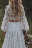Lace Ivory V-Neck Ruffled A Line Long Sleeve Boho Wedding Dress