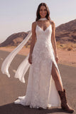 Ivory Spaghetti Straps A Line Appliqued Boho Wedding Dress with Neck Scarf