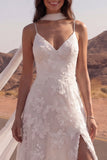 Ivory Spaghetti Straps A Line Appliqued Boho Wedding Dress with Neck Scarf